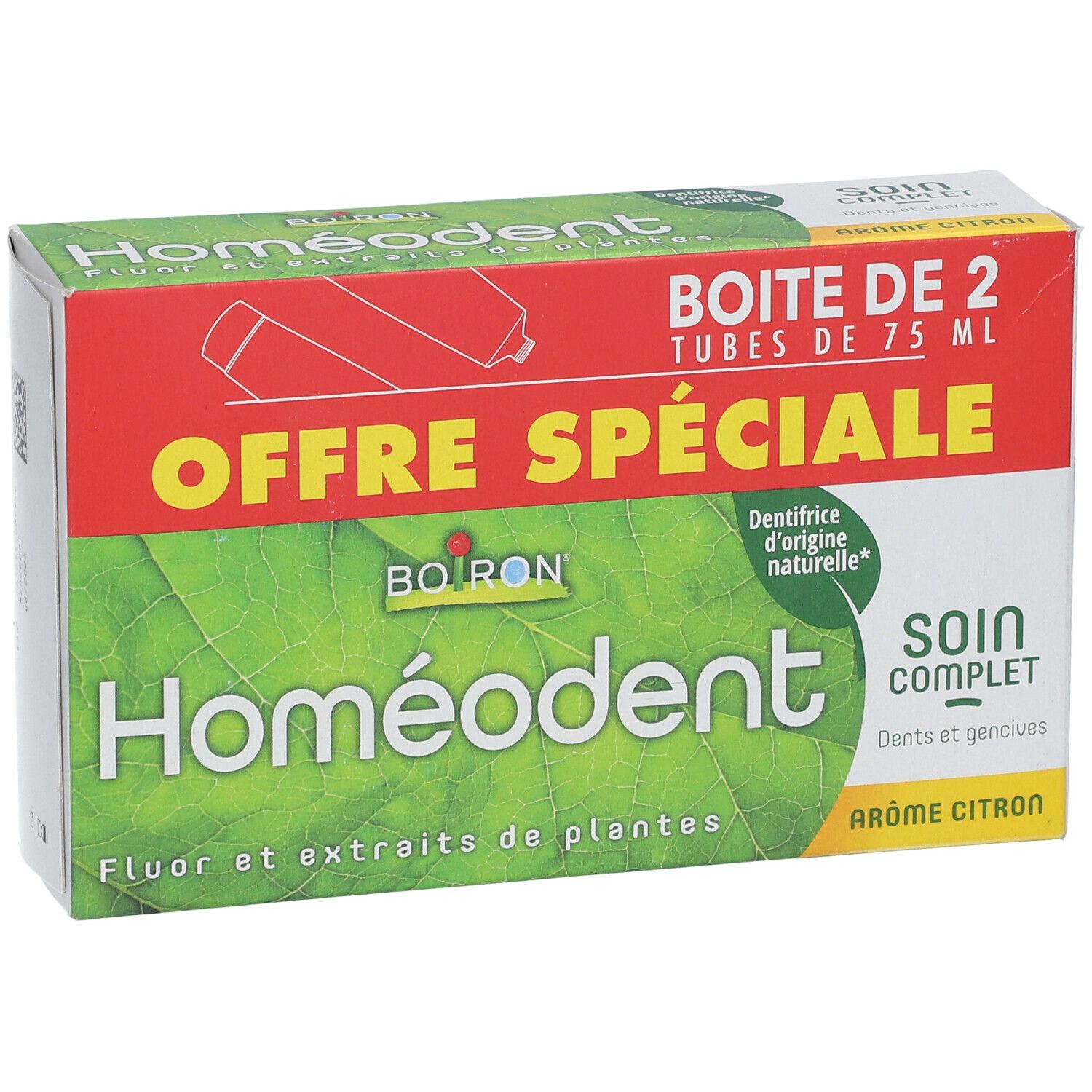Boîte Homéodent, vert, rouge. Texte: Offre Spéciale, Boîte de 2 tubes de 75 ml, Soin Complet, Arôme Citron. Ingrédients naturels.