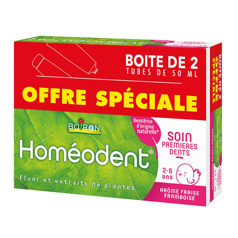 Verpackung von Homéodent® Zahnpasta. Rote und grüne Schachtel mit Produktnamen, Inhaltsstoffen und Altersangabe 2-6 Jahre.