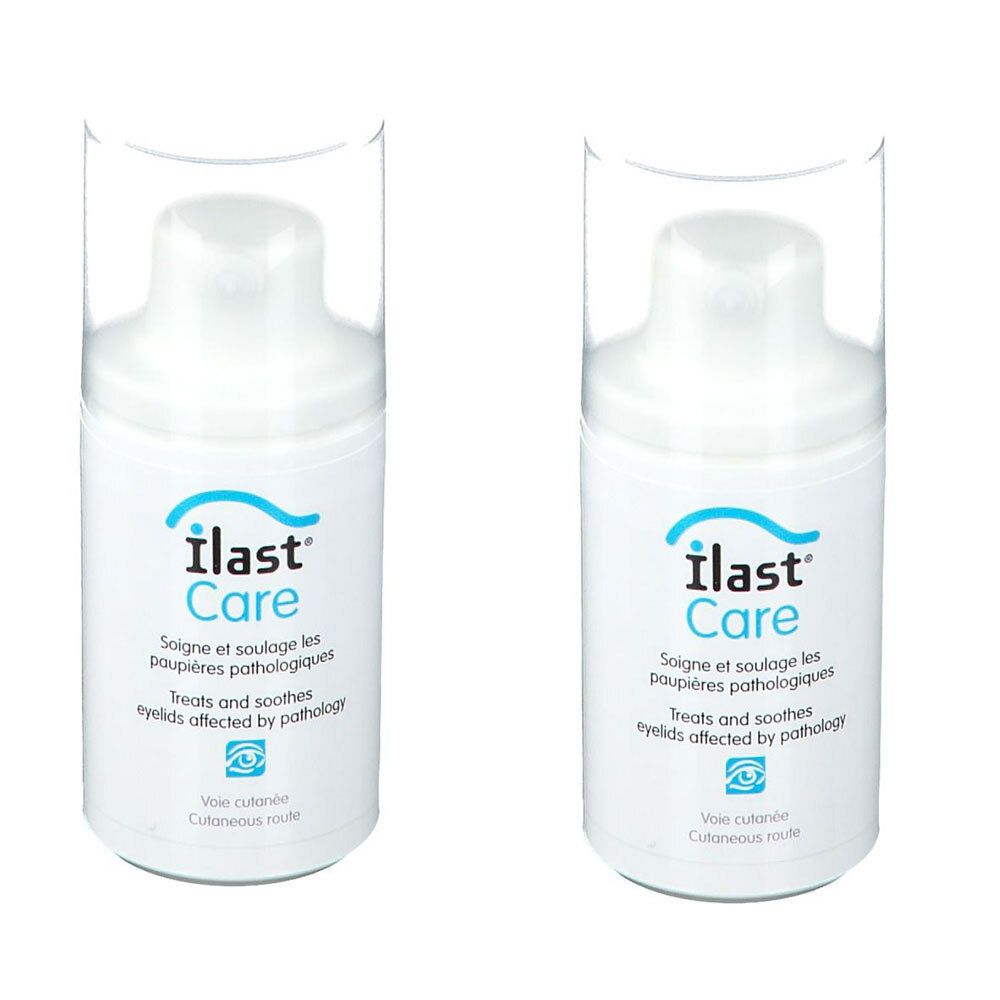 Deux flacons blancs avec étiquette bleue. L'étiquette indique "Ilast Care" et d'autres informations en français et en anglais.