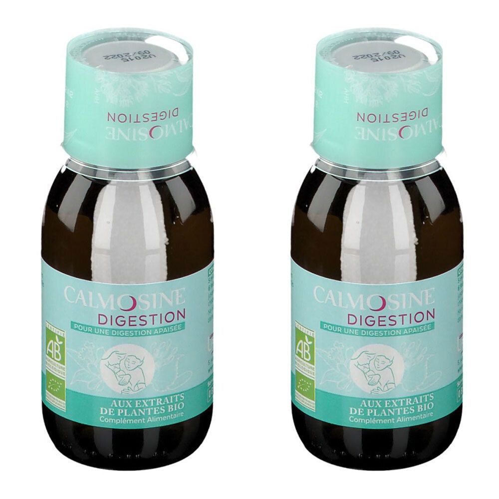 Deux flacons avec étiquettes. Inscription: CALMOSINE DIGESTION. Certification bio. Col des flacons avec bouchon bleu clair.