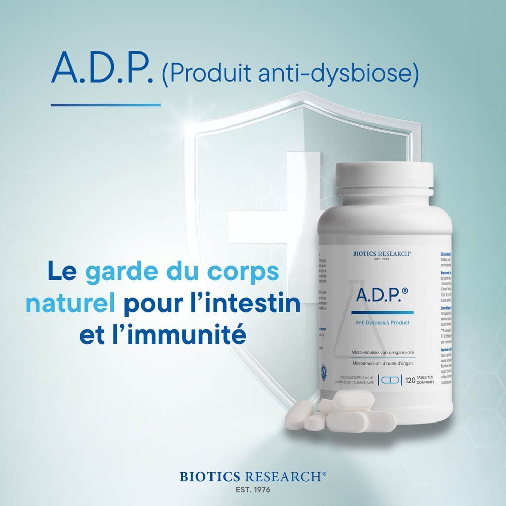 Flacon d'A.D.P. Biotics, 120 comprimés, avec quelques comprimés à côté et un bouclier informatif.