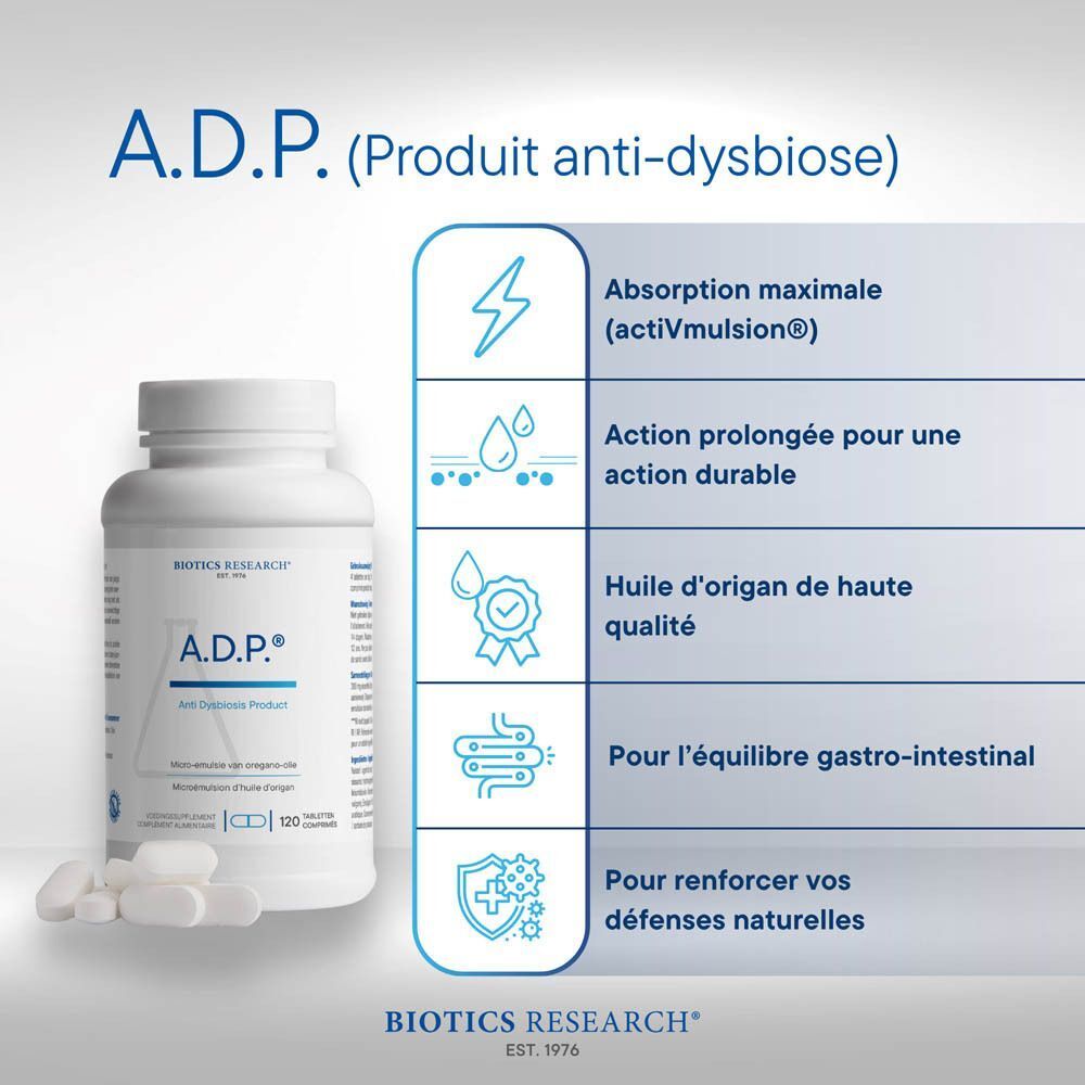 Flacon d'A.D.P. Biotics, 120 comprimés, avec quelques comprimés à côté et une liste d'avantages.