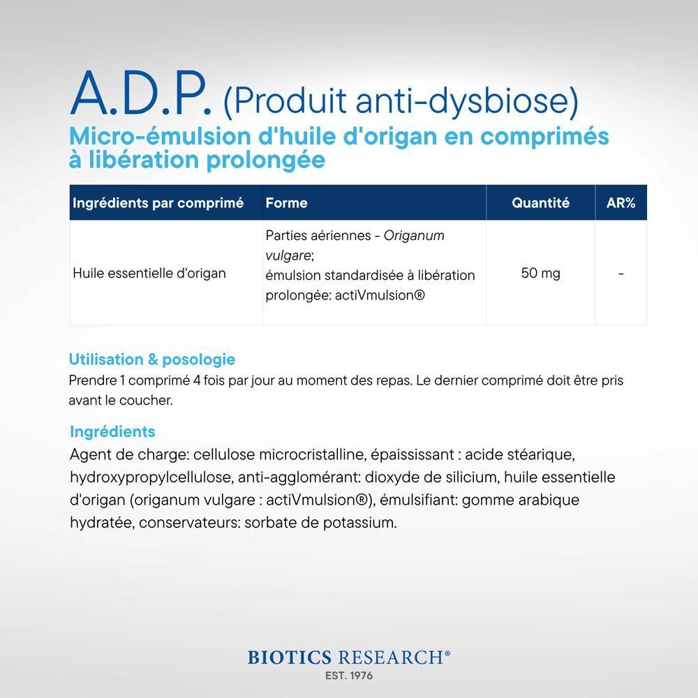 Flacon d'A.D.P. Biotics, 60 gélules, avec quelques comprimés et un tableau d'ingrédients.