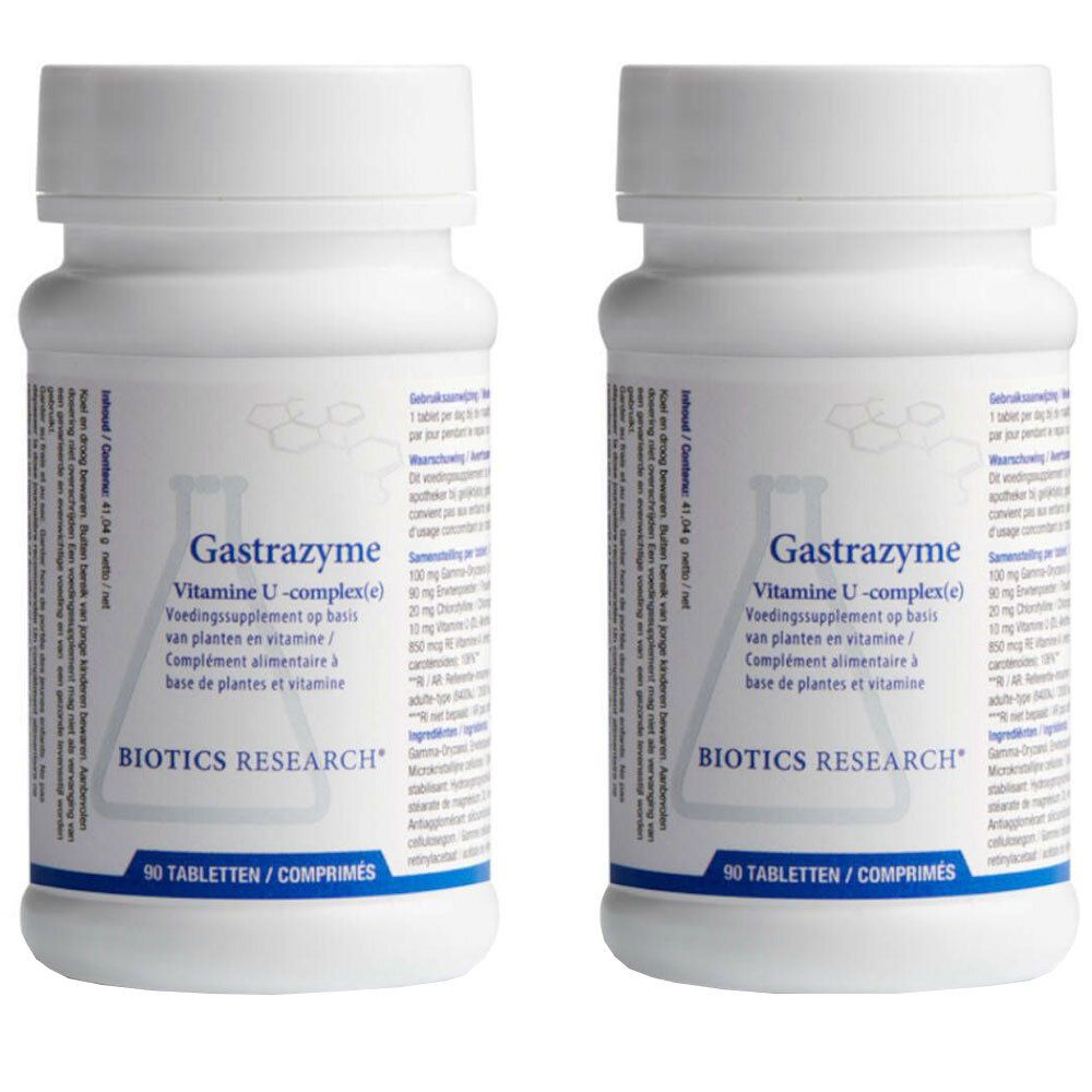 Zwei weiße Flaschen mit dem Aufdruck "Gastrazyme Vitamine U-complex". Aufschrift "BIOTICS RESEARCH". 90 Tabletten.