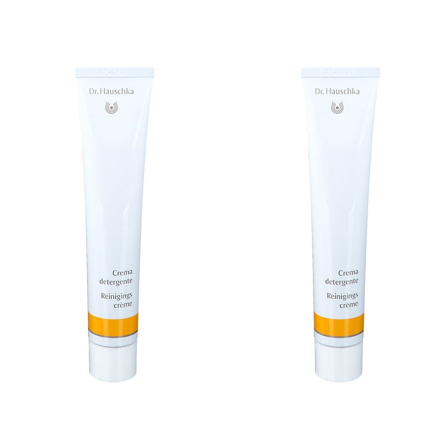 Zwei weiße Tuben mit gelbem Streifen. Aufschrift: Dr. Hauschka, Crème detergente, Reinigings crème.