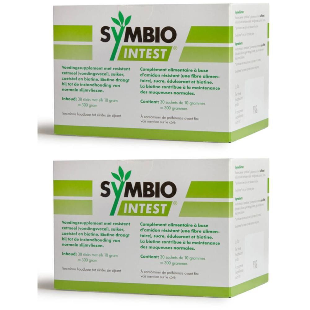 Deux boîtes de poudre Symbio Intest, blanches avec accents verts et logo.