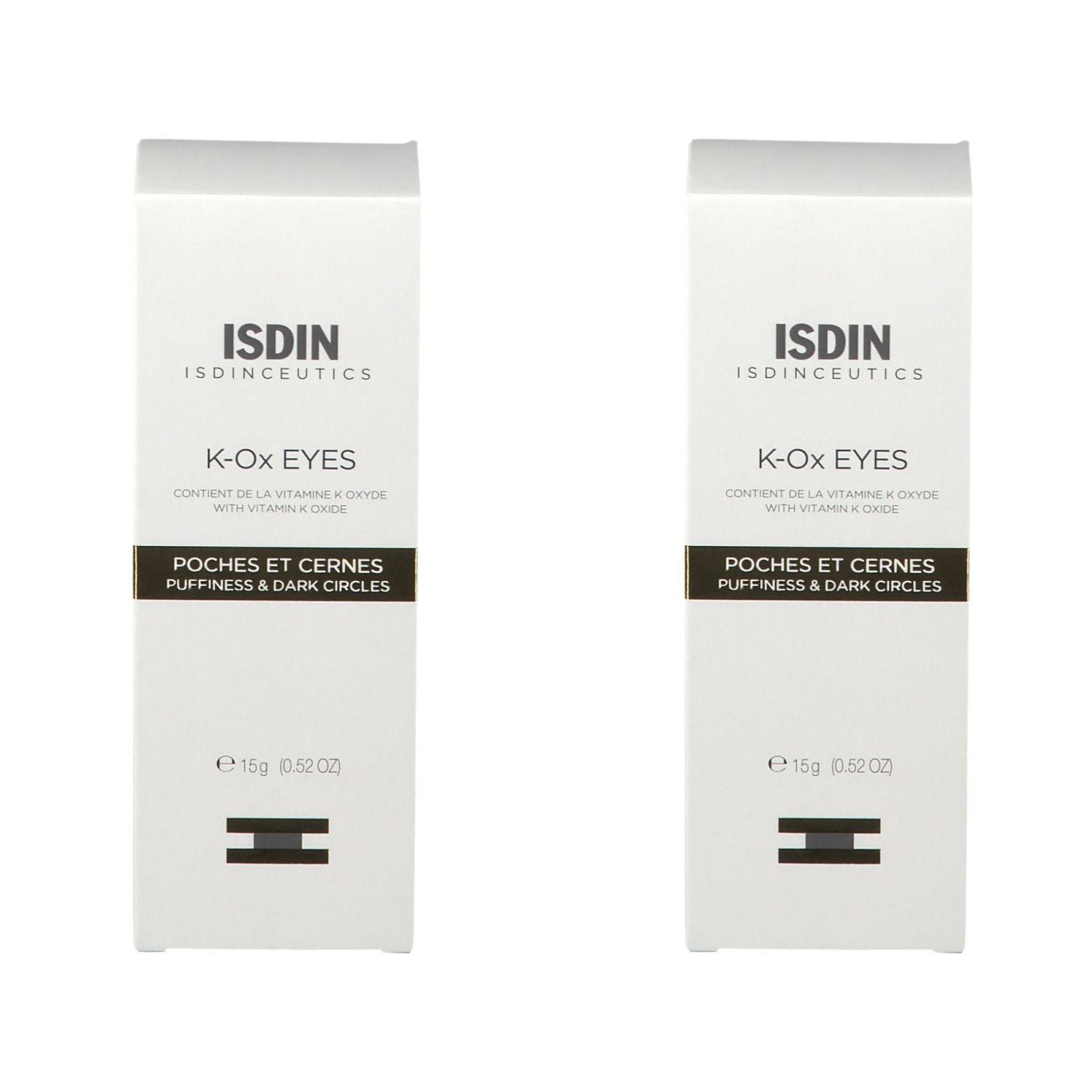 Deux boîtes blanches avec le texte ISDIN Isdinceutics K-Ox Eyes. Texte : Poches et cernes, Puffiness & Dark Circles.