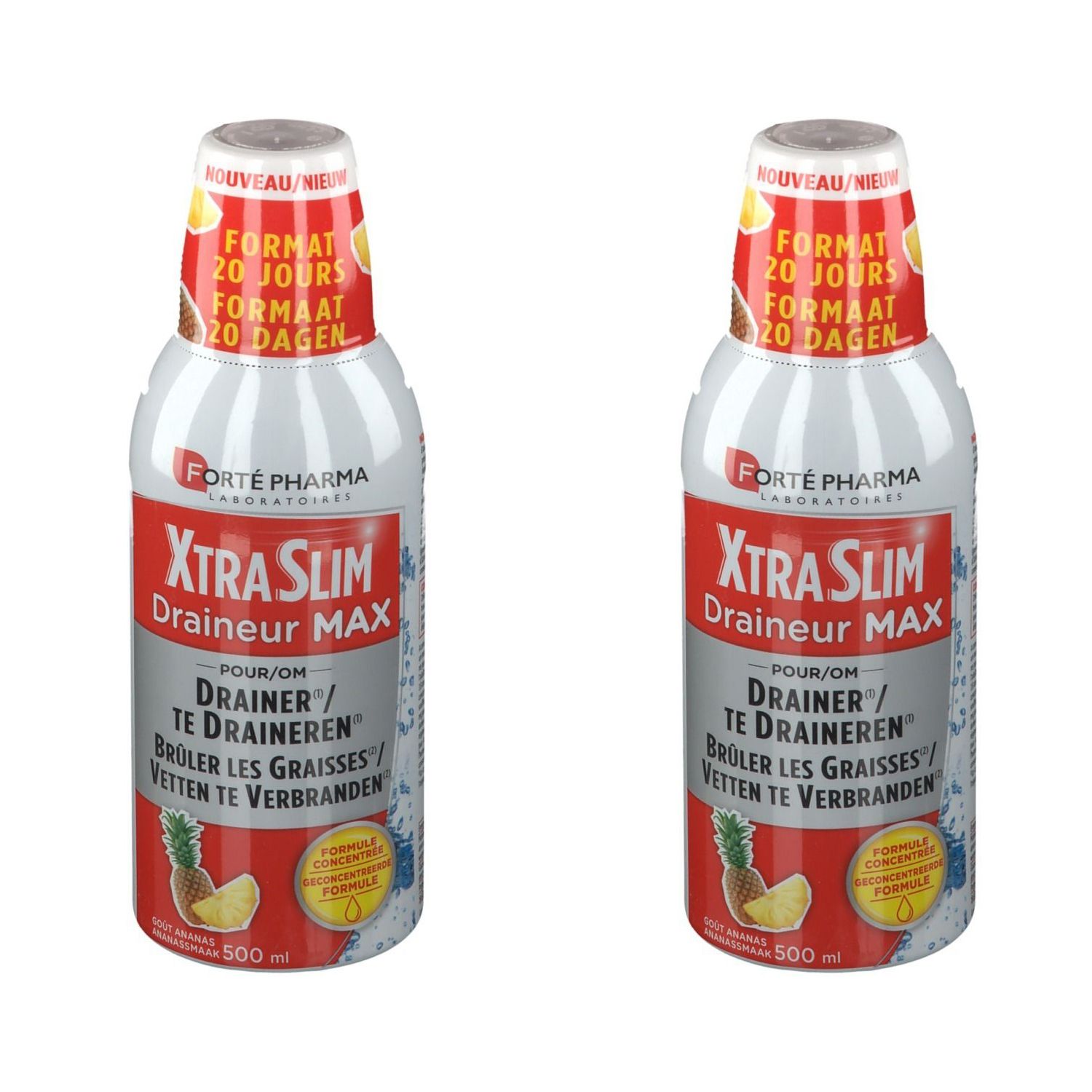 Deux flacons de Forté Pharma Xtra Slim Draineur Max. Flacons blanc-argenté avec texte rouge. Inscription : Xtra Slim Draineur MAX.