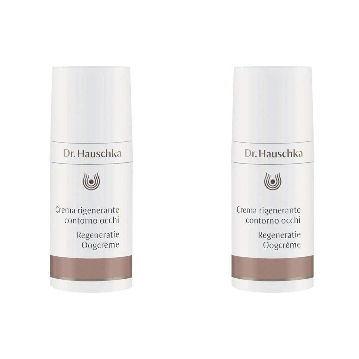 Deux tubes de crème blancs avec une bande marron. Inscription : Dr. Hauschka, Crema rigenerante contorno occhi, Regeneratie Oogcrème.