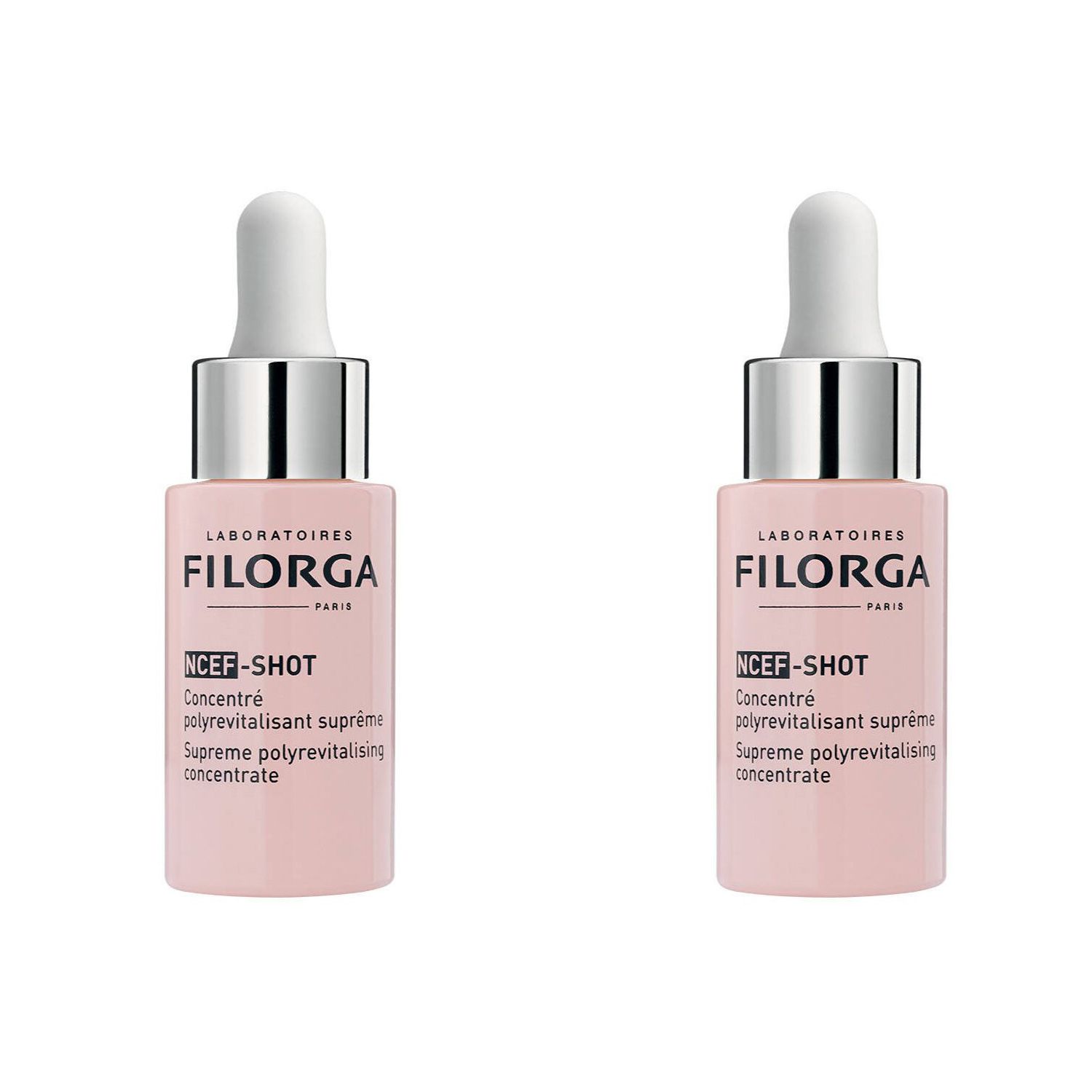 Deux flacons roses avec bouchons argentés et pipettes. Inscription FILORGA NCEF-SHOT sur chaque flacon.