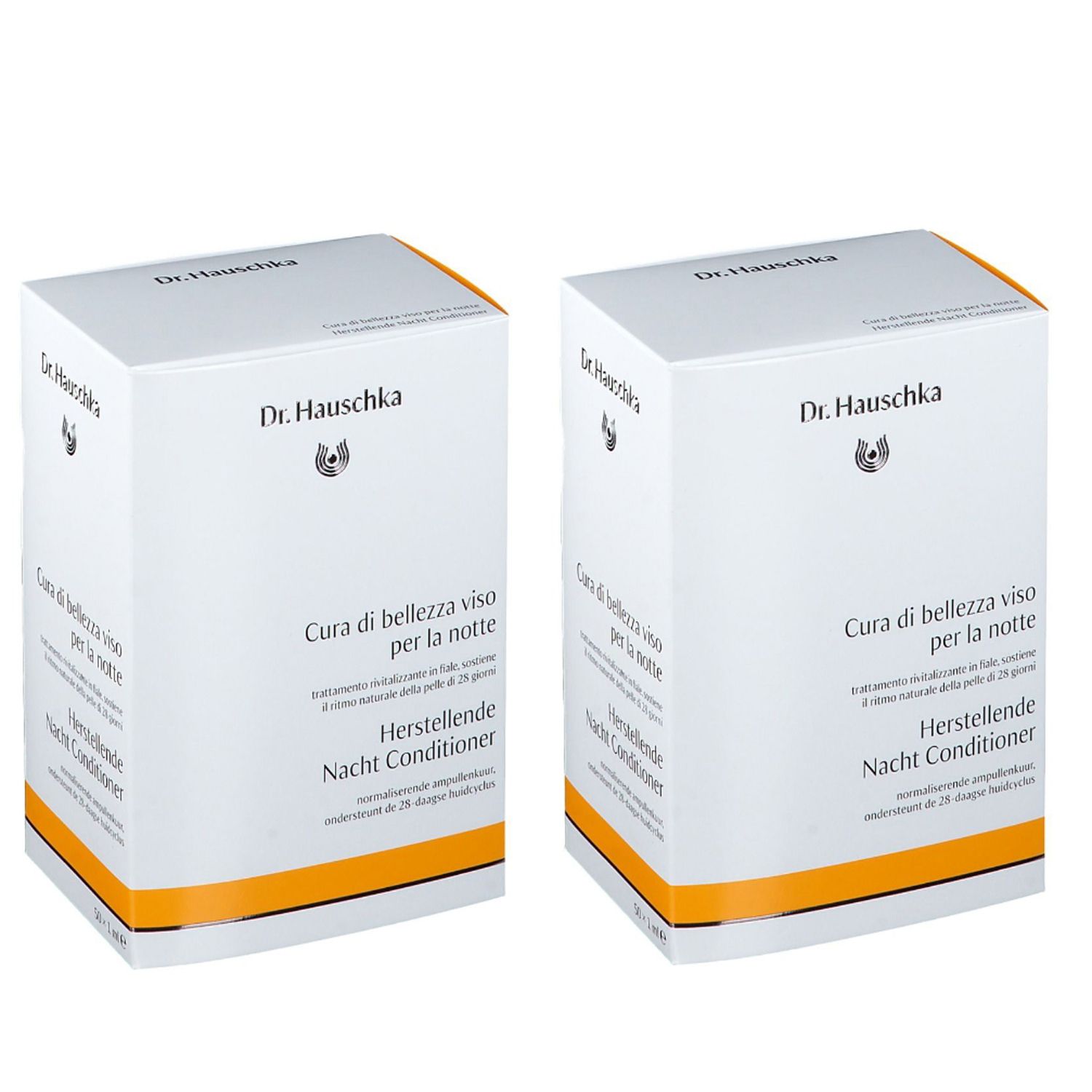 Zwei weiße Kartons mit orangefarbenem Streifen. Aufschrift: Dr. Hauschka, Cura di bellezza viso per la notte, Herstellende Nacht Conditioner.