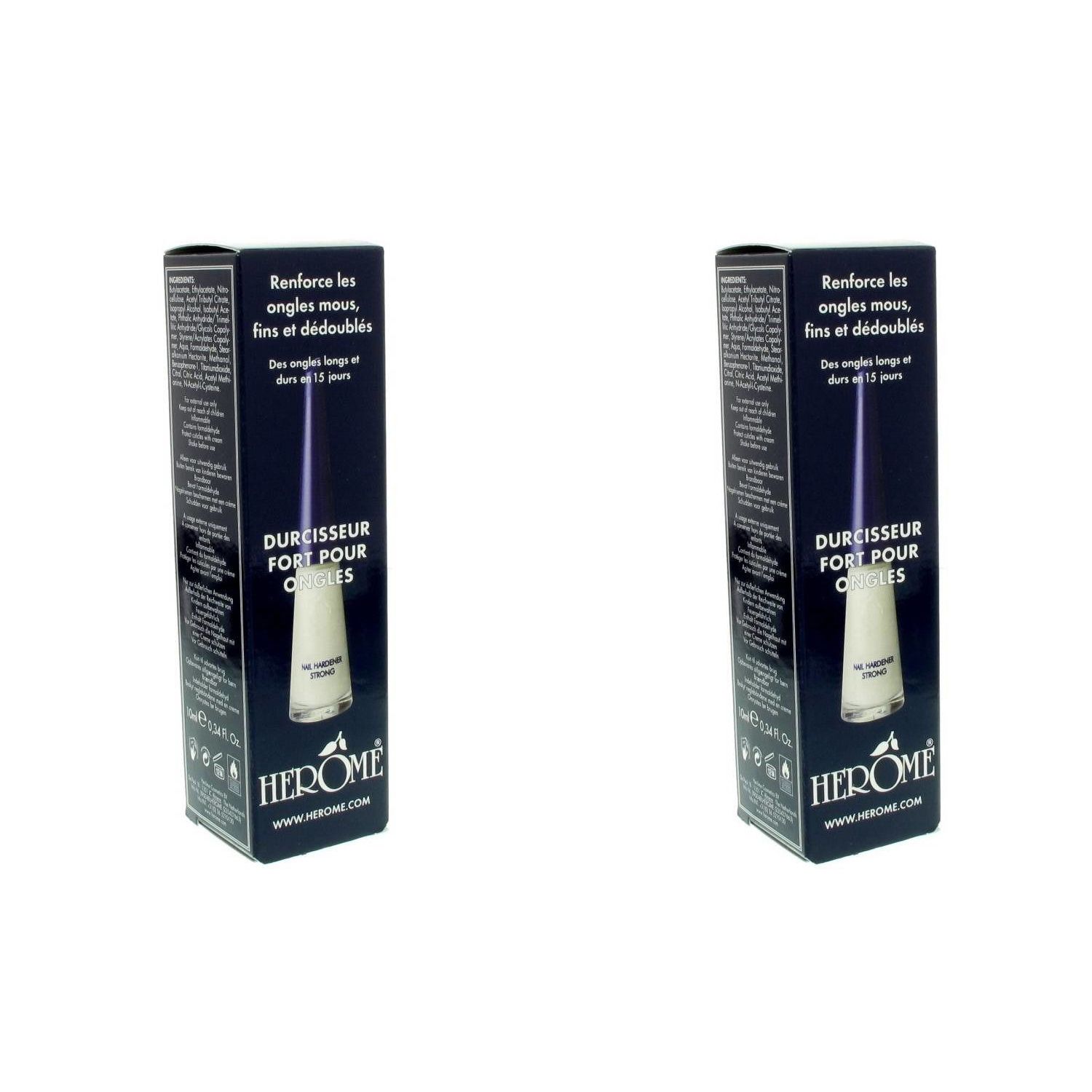 Deux boîtes de durcisseur pour ongles Herôme. Texte: Durcisseur fort pour ongles. Emballage noir avec texte blanc.