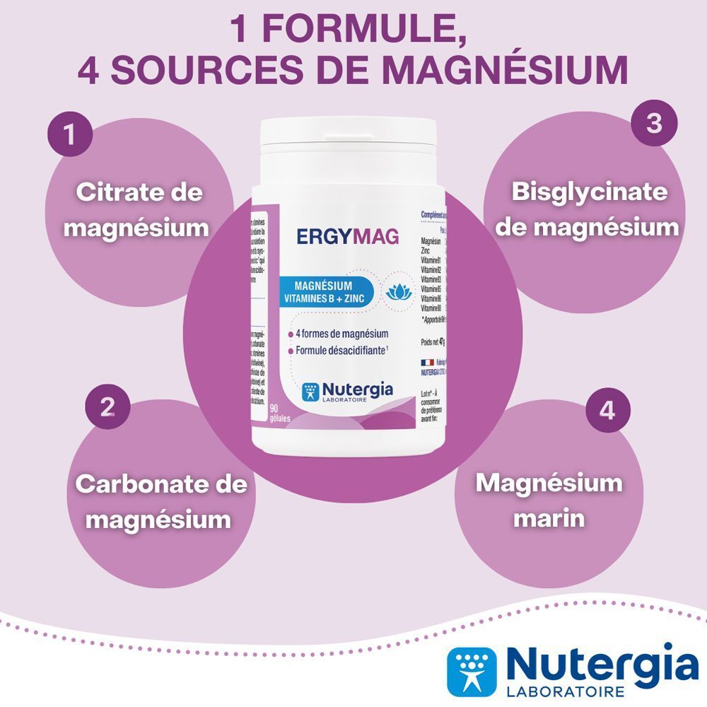 Flasche Ergymag mit 4 Magnesiumquellen: Citrat, Carbonat, Bisglycinat, Meeresmagnesium.