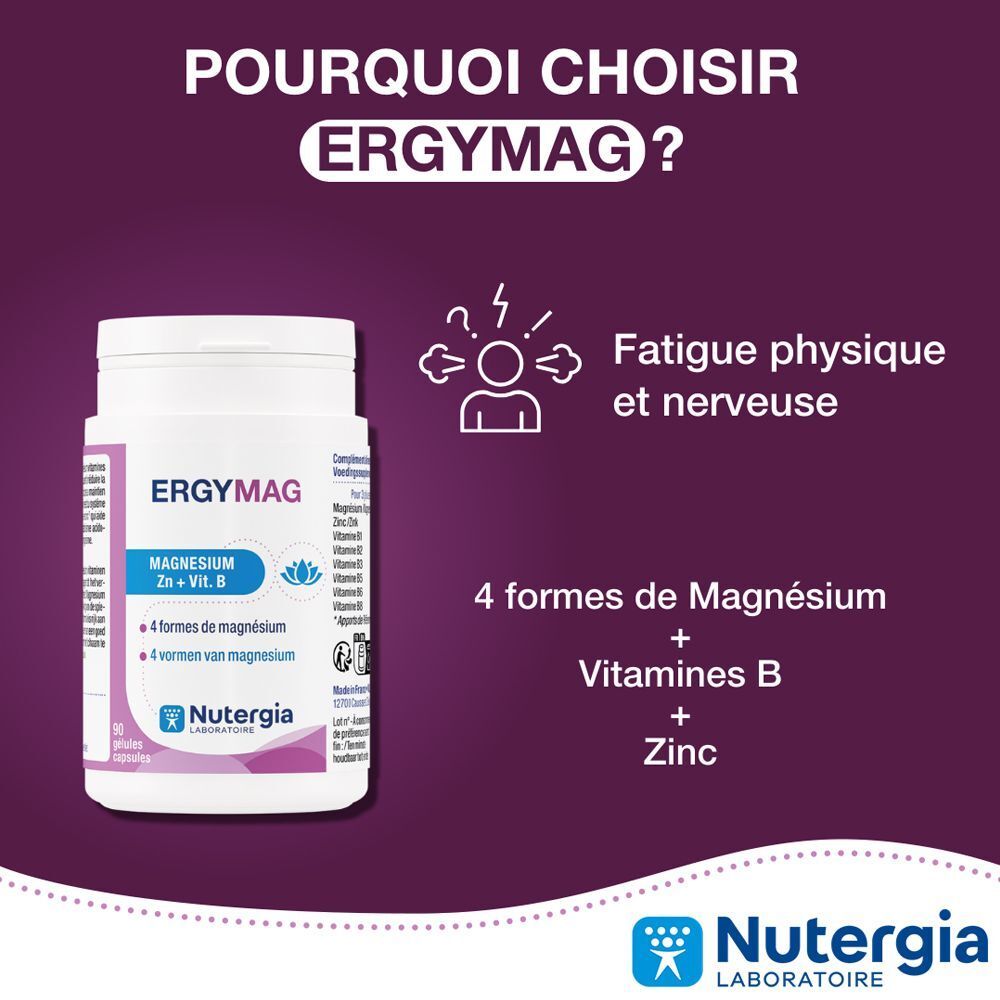Flasche Ergymag mit Magnesium, Zink und Vitamin B zur Bekämpfung von Müdigkeit.