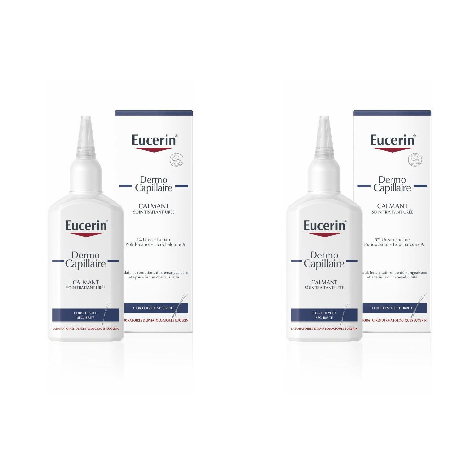 Deux flacons et emballages Eucerin DermoCapillaire. Flacons blancs avec applicateur. Emballage blanc avec texte bleu.