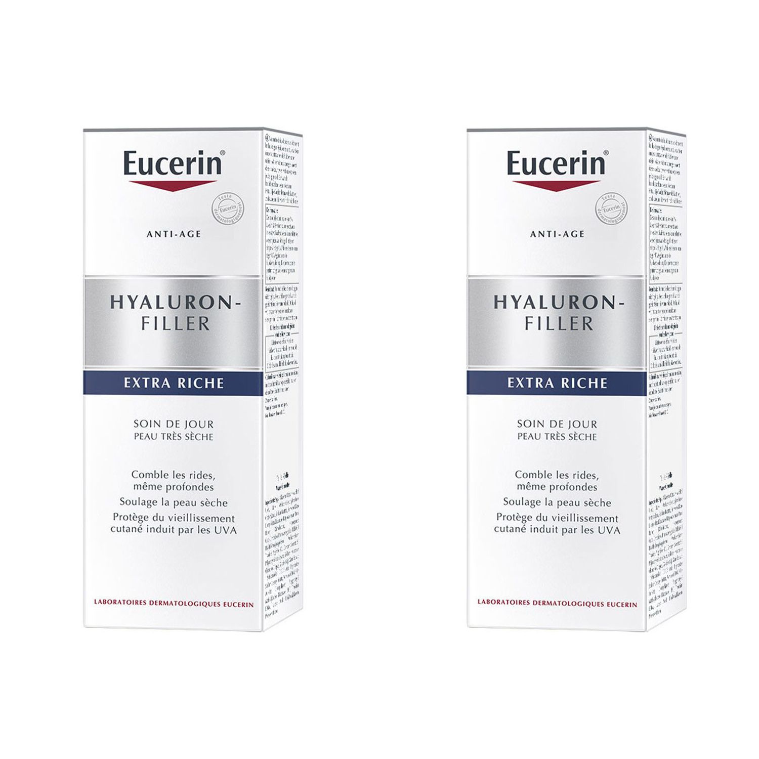 Deux boîtes de Eucerin Hyaluron-Filler Extra Riche Soin de Jour. Emballage blanc avec texte bleu et argenté. Texte: Anti-Âge, pour peau très sèche.