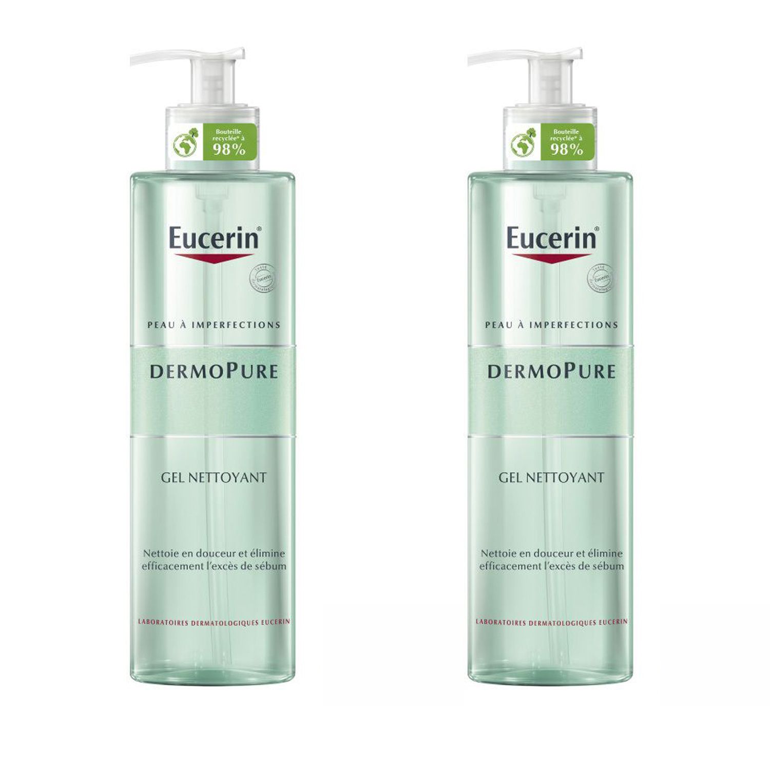 Deux flacons de Eucerin DermoPure Gel-Nettoyant. Flacons transparents avec pompe blanche. Inscription : Eucerin, DermoPure, Gel Nettoyant.