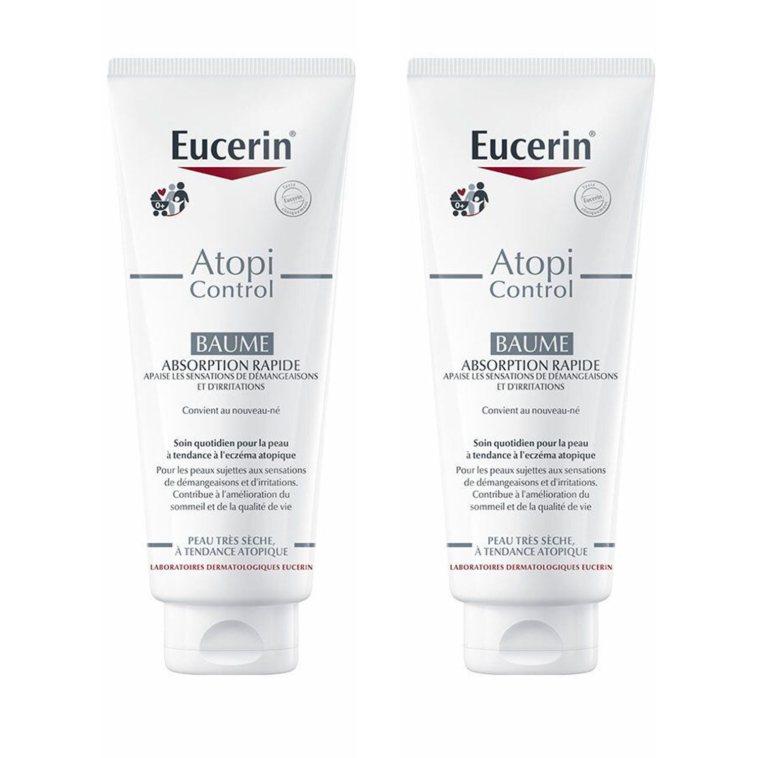 Deux tubes de Baume Eucerin AtopiControl. Tubes blancs avec texte rouge et noir. Inscription : Baume, Absorption Rapide. Pour peaux très sèches.
