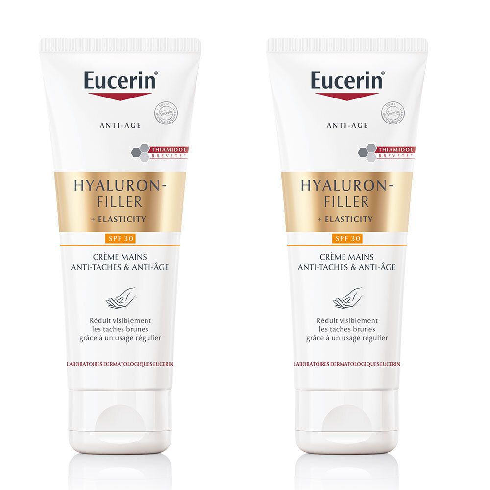 Deux tubes de crème pour les mains. Inscription : Eucerin, Hyaluron-Filler + Elasticity, Anti-Âge, SPF 30. Réduit visiblement les taches brunes.