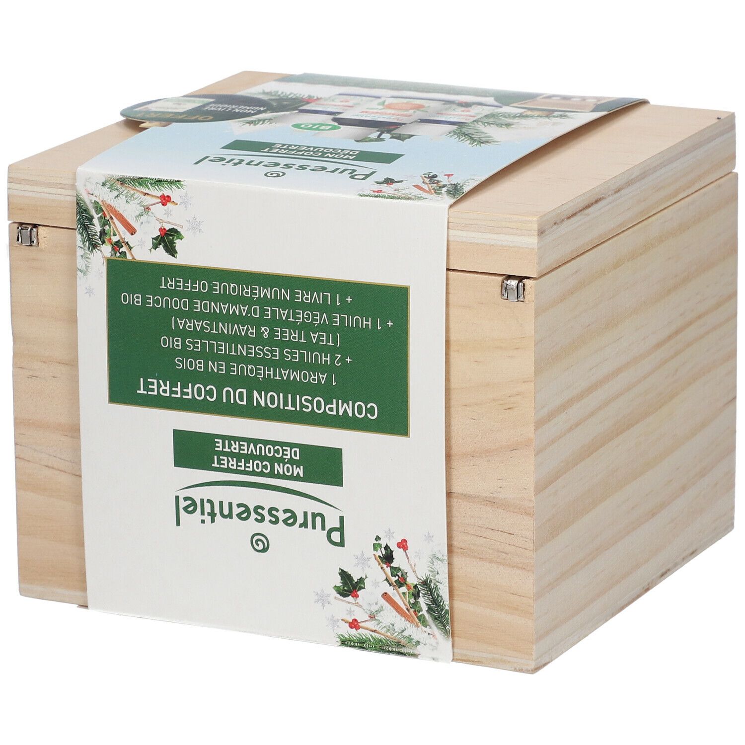 Holzkiste mit Produktinformationen. Aufschrift: "Composition du coffret Mon Coffret Découverte".