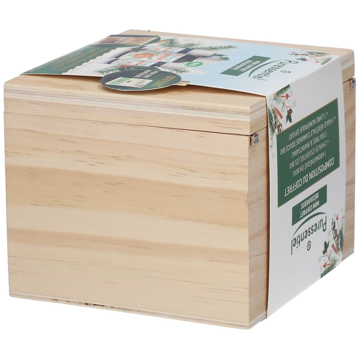 Holzkiste mit Produktinformationen. Aufschrift: "Composition du coffret Mon Coffret Découverte".