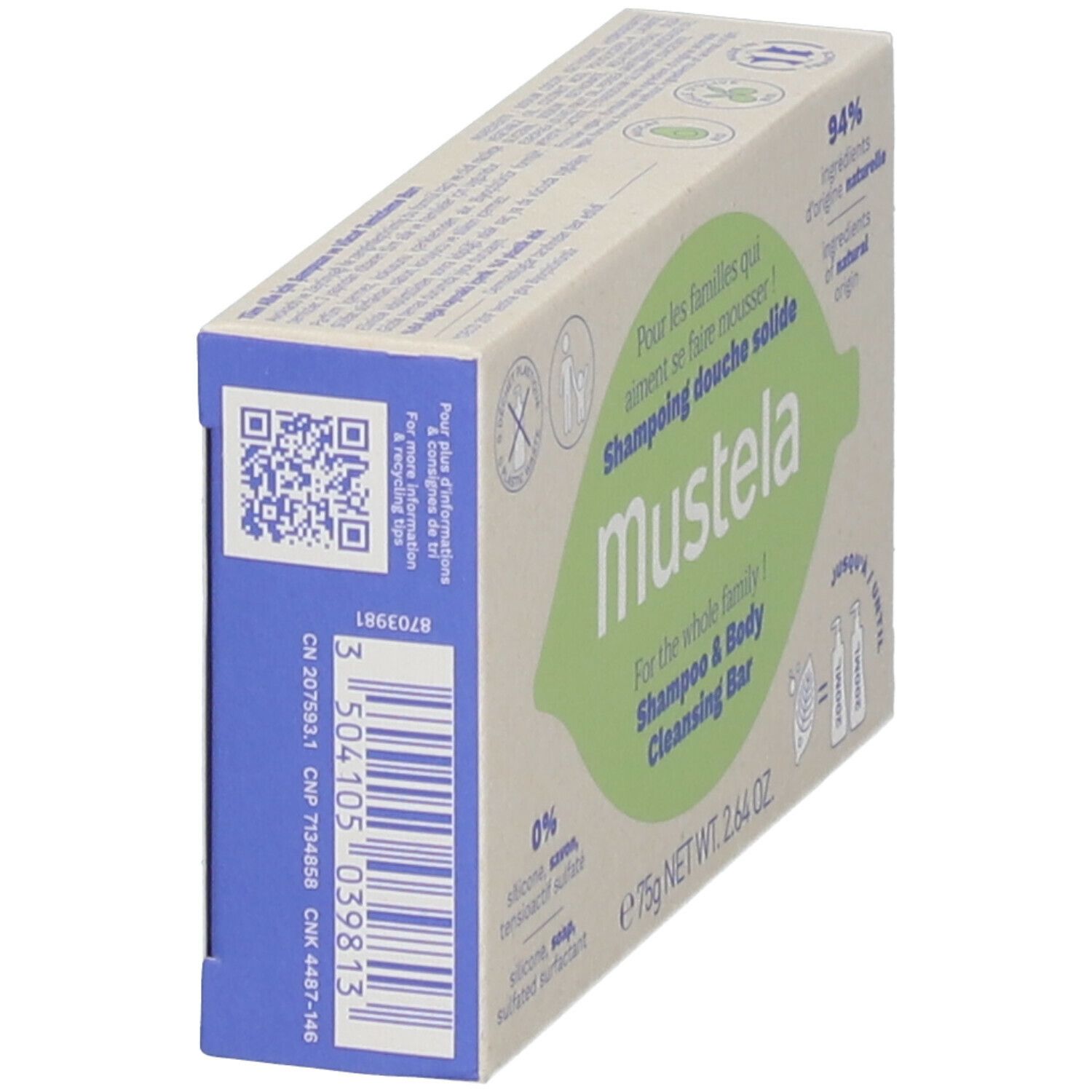 Boîte en carton, vue en biais. Nom et logo du produit visibles. Code-barres et QR code sur le côté bleu. Contenu 75g.