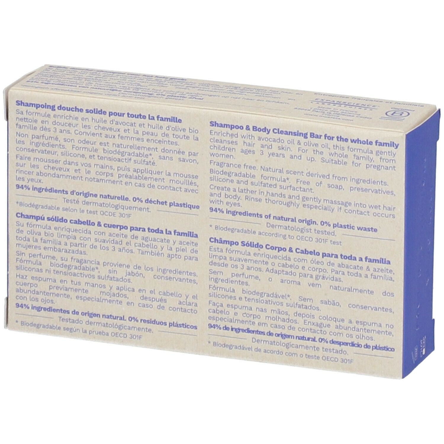 Dos de la boîte en carton. Texte en plusieurs langues. Contient des informations sur les ingrédients et les certifications.