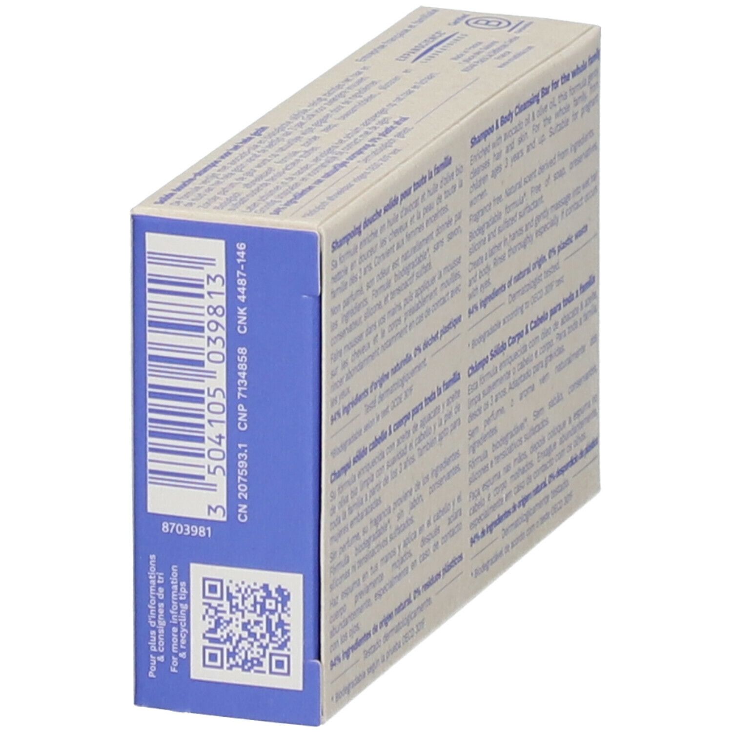 Boîte en carton, vue en biais. Dos avec texte en plusieurs langues. Code-barres et QR code visibles.