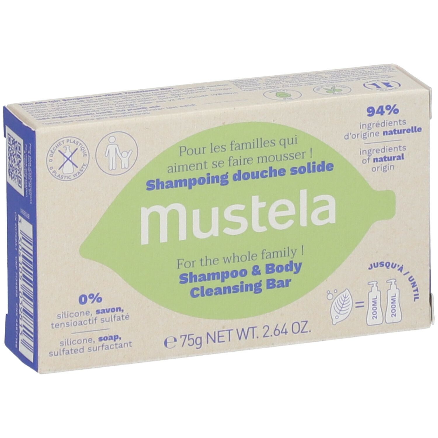 Boîte en carton avec nom et logo du produit. Contient 75g. 94% d'ingrédients d'origine naturelle. Sans silicone, savon ni tensioactifs sulfatés.
