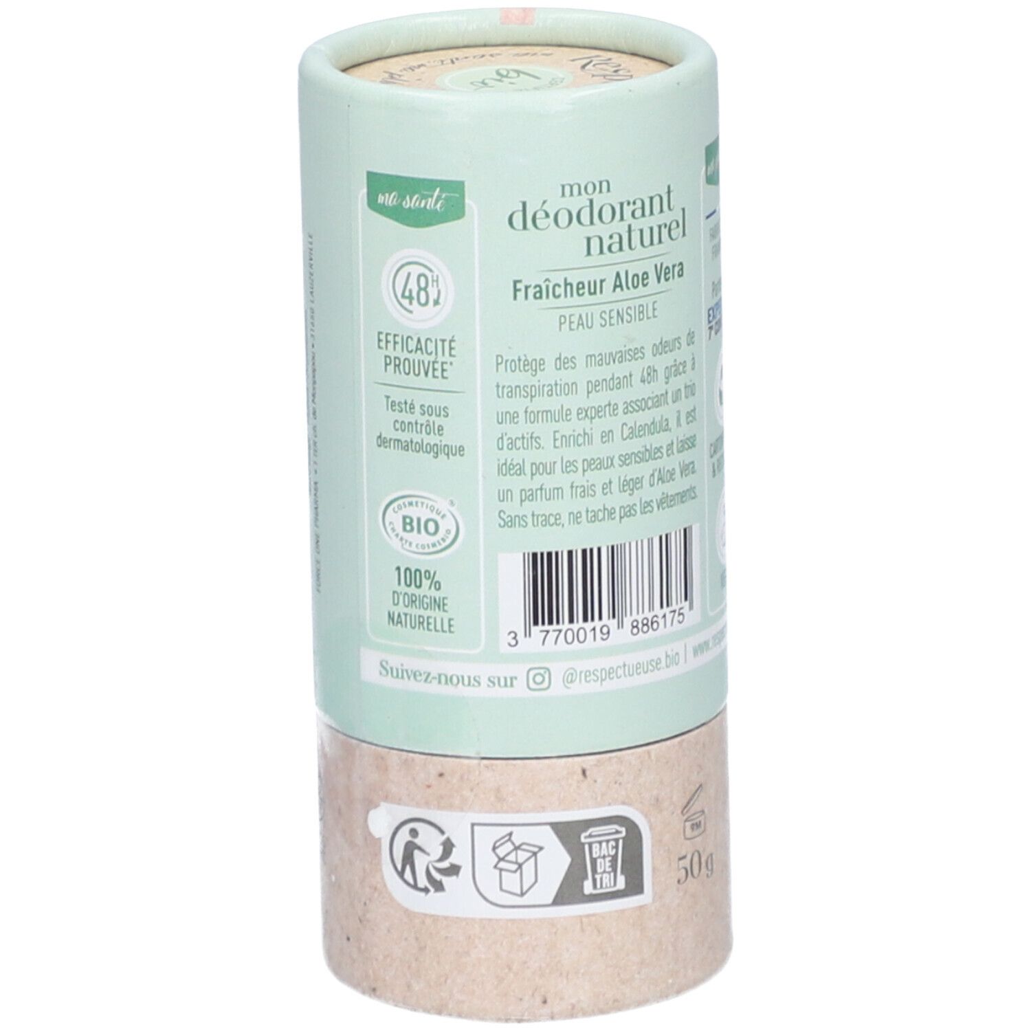 Vue latérale du déodorant. Texte : "Respectueuse". Logo "BIO". "Efficacité prouvée 48H". "100% d'origine naturelle". Code-barres et 50g.