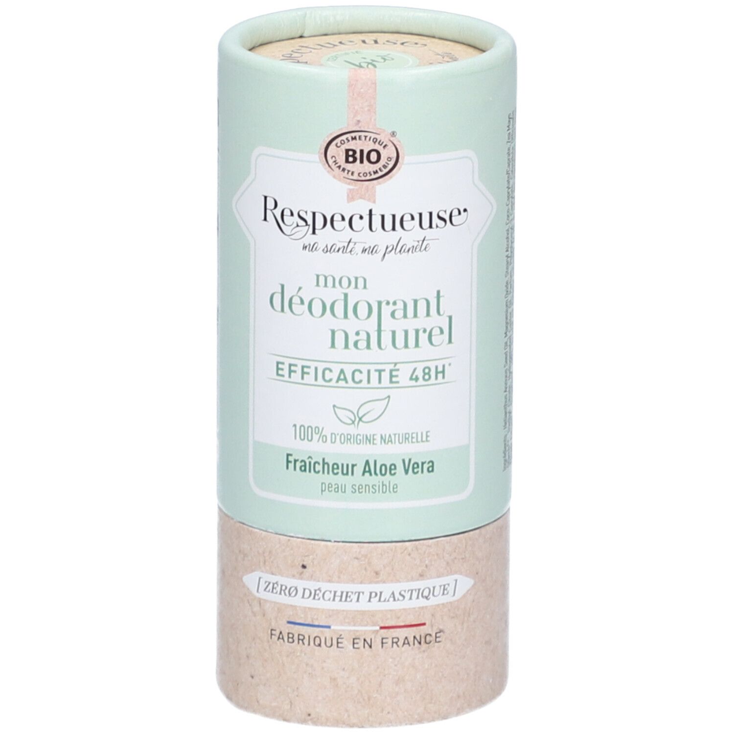 Vue latérale du déodorant. Texte : "Respectueuse". Logo "BIO". "Efficacité prouvée 48H". "100% d'origine naturelle".