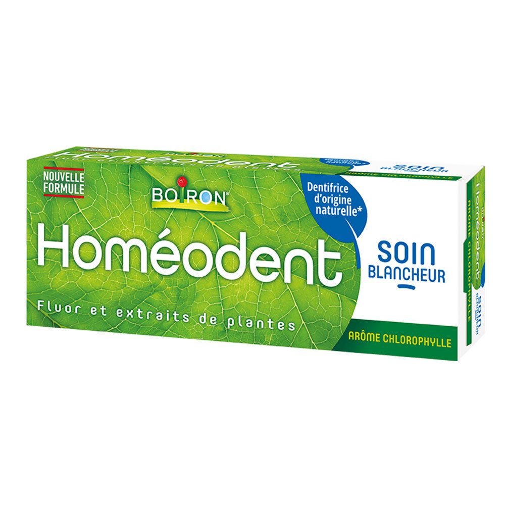 Zahncreme-Schachtel, grün und weiß. Aufschrift: Homeodent, Fluor und Pflanzenextrakte. Marke Boiron.