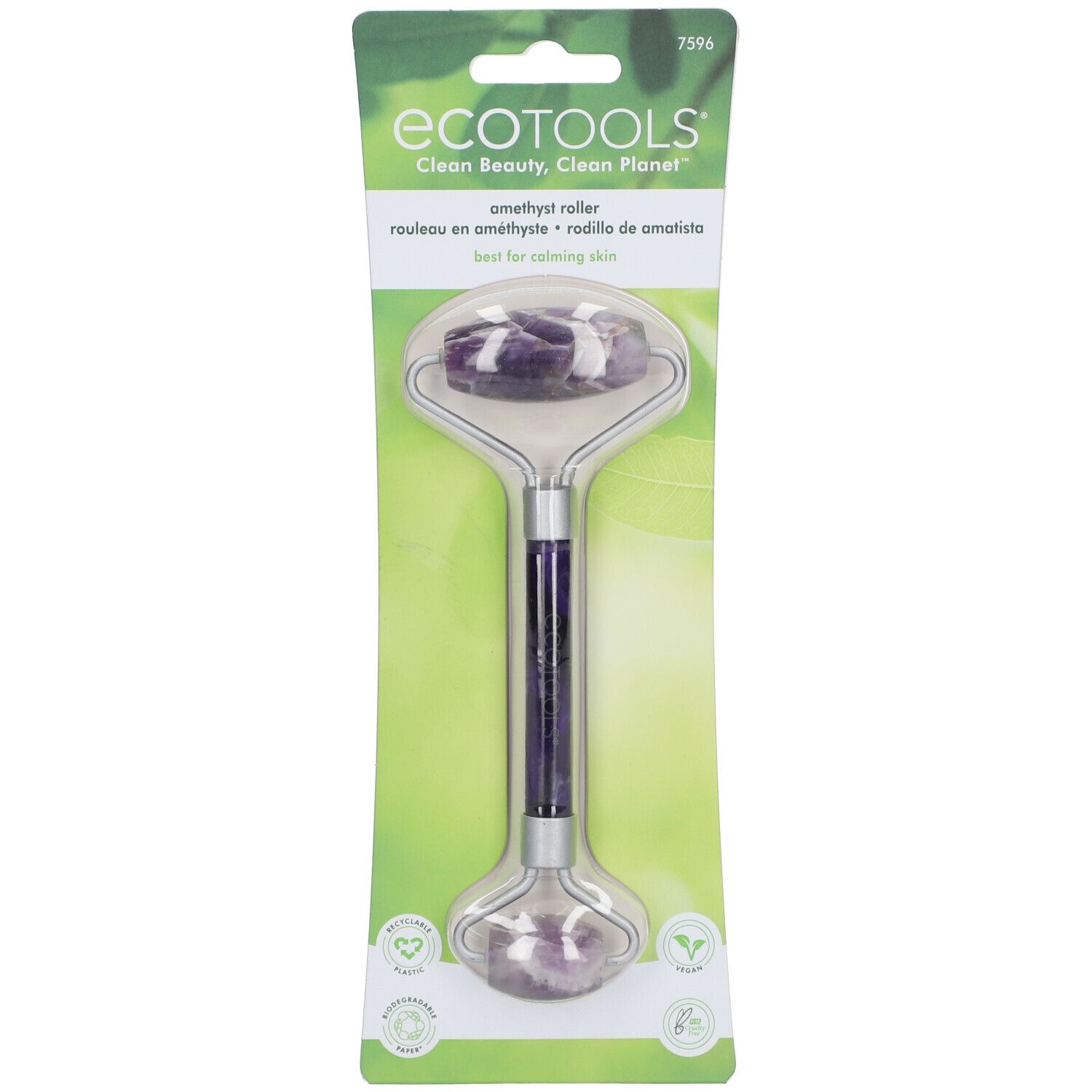 EcoTools Amethyst-Roller in Verpackung. Amethyst-Roller mit lila Steinen und silberfarbenem Griff. Best for calming skin.