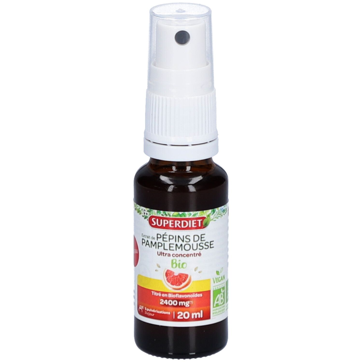 Braune Glasflasche mit weißem Sprühkopf. Etikett mit Produktnamen, Bio-Siegel und Inhaltsangaben. 20 ml.