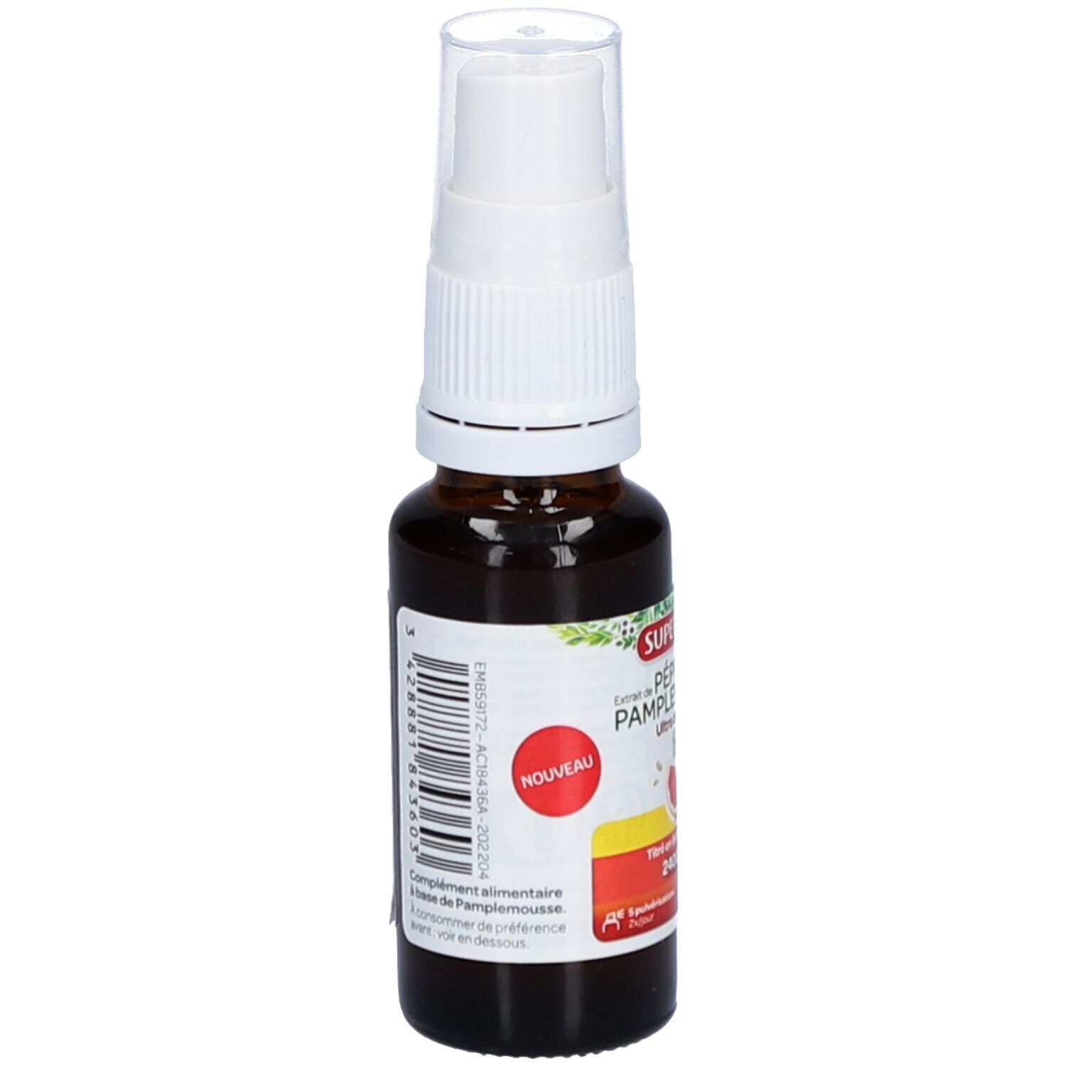 Braune Glasflasche mit weißem Sprühkopf. Etikett mit Produktnamen, Bio-Siegel und Inhaltsangaben. Neues Produkt-Label.
