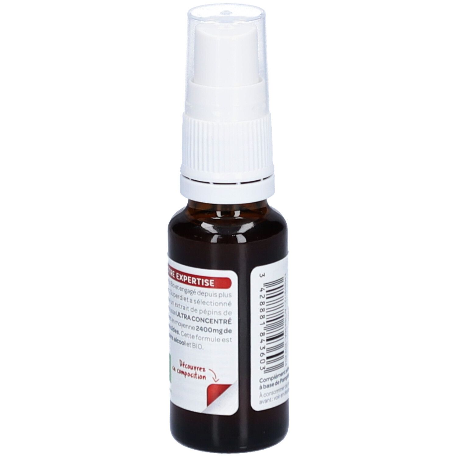 Braune Glasflasche mit weißem Sprühkopf. Etikett mit Produktinformationen und Barcode. Rückansicht.