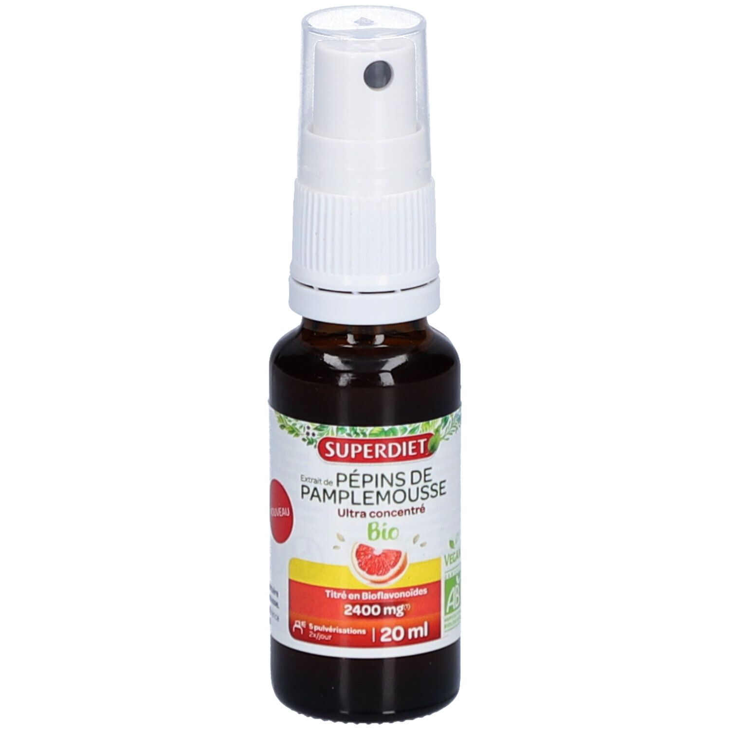 Braune Glasflasche mit weißem Sprühkopf. Etikett mit Produktnamen, Bio-Siegel und Inhaltsangaben. Rotes Label.