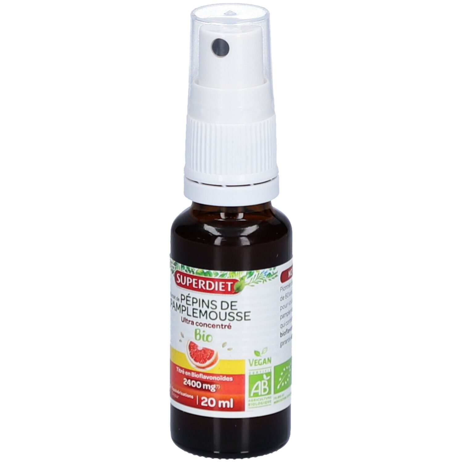 Braune Glasflasche mit weißem Sprühkopf. Etikett mit Produktnamen, Bio-Siegel und Inhaltsangaben. 20 ml.