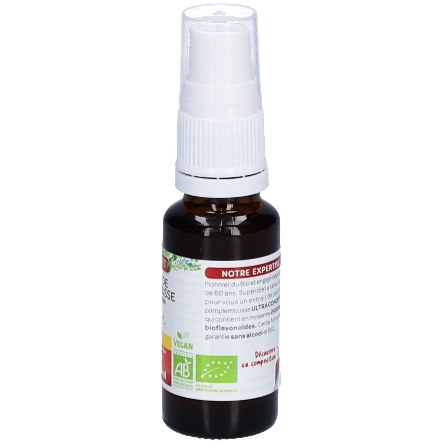 Braune Glasflasche mit weißem Sprühkopf. Etikett mit Produktinformationen, Bio-Siegel und Text. Rückansicht.
