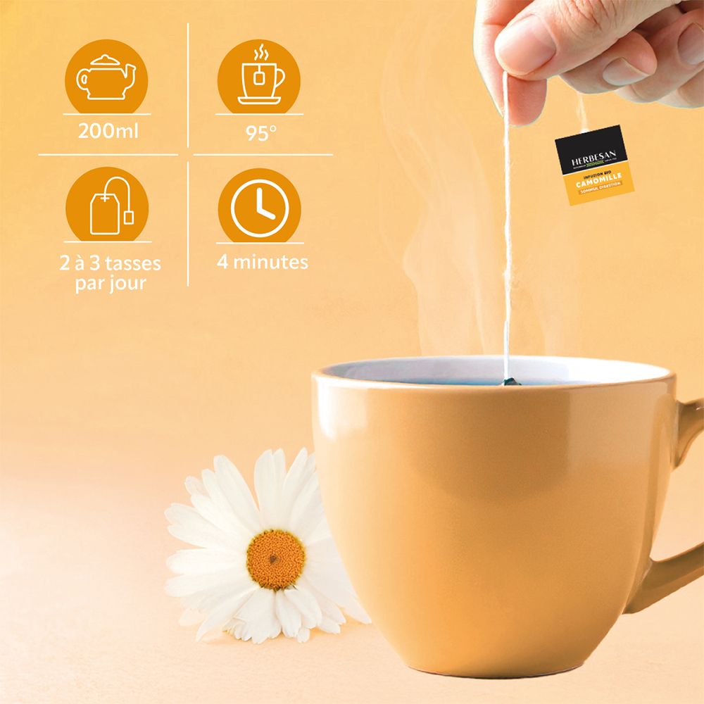 Hand hält Teebeutel über einer Tasse. Aufdruck: Herbesan Camomille. Daneben eine Kamillenblüte. Zubereitungshinweise.