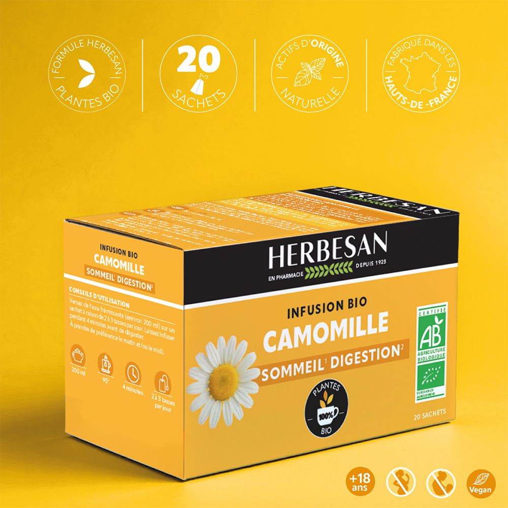 Gelbe Schachtel mit Herbesan-Logo und Kamillenblüte. Text: Infusion Bio Camomille Sommeil Digestion. 20 Beutel, Bio-Siegel.