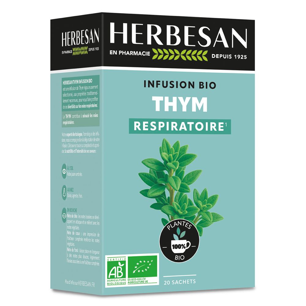 Schachtel mit Herbesan Bio Thymian Kräutertee. Aufdruck: Thym, Respiratoire, 20 Beutel, Bio-Siegel.