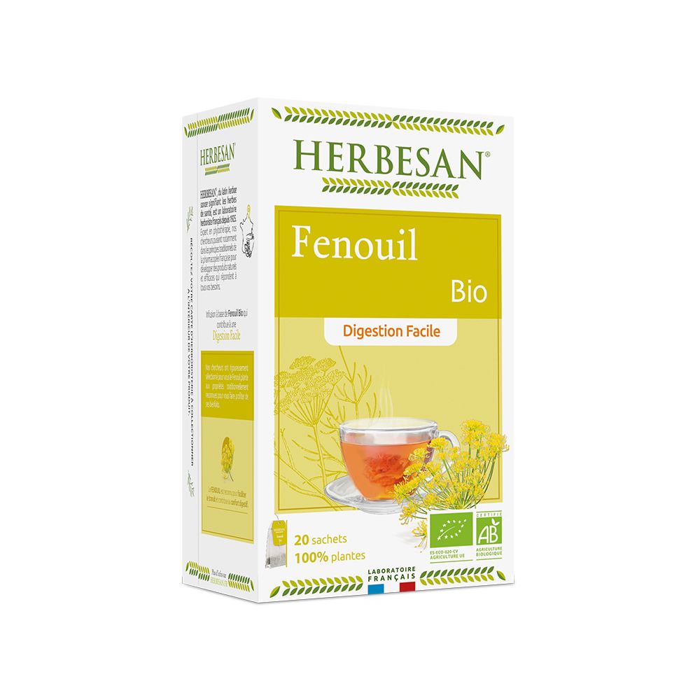 Herbesan Fencheltee Bio-Verdauung. Karton mit Teebeuteln. Aufdruck: Fenchel, Bio, Digestion Facile. Französische Zertifizierung.