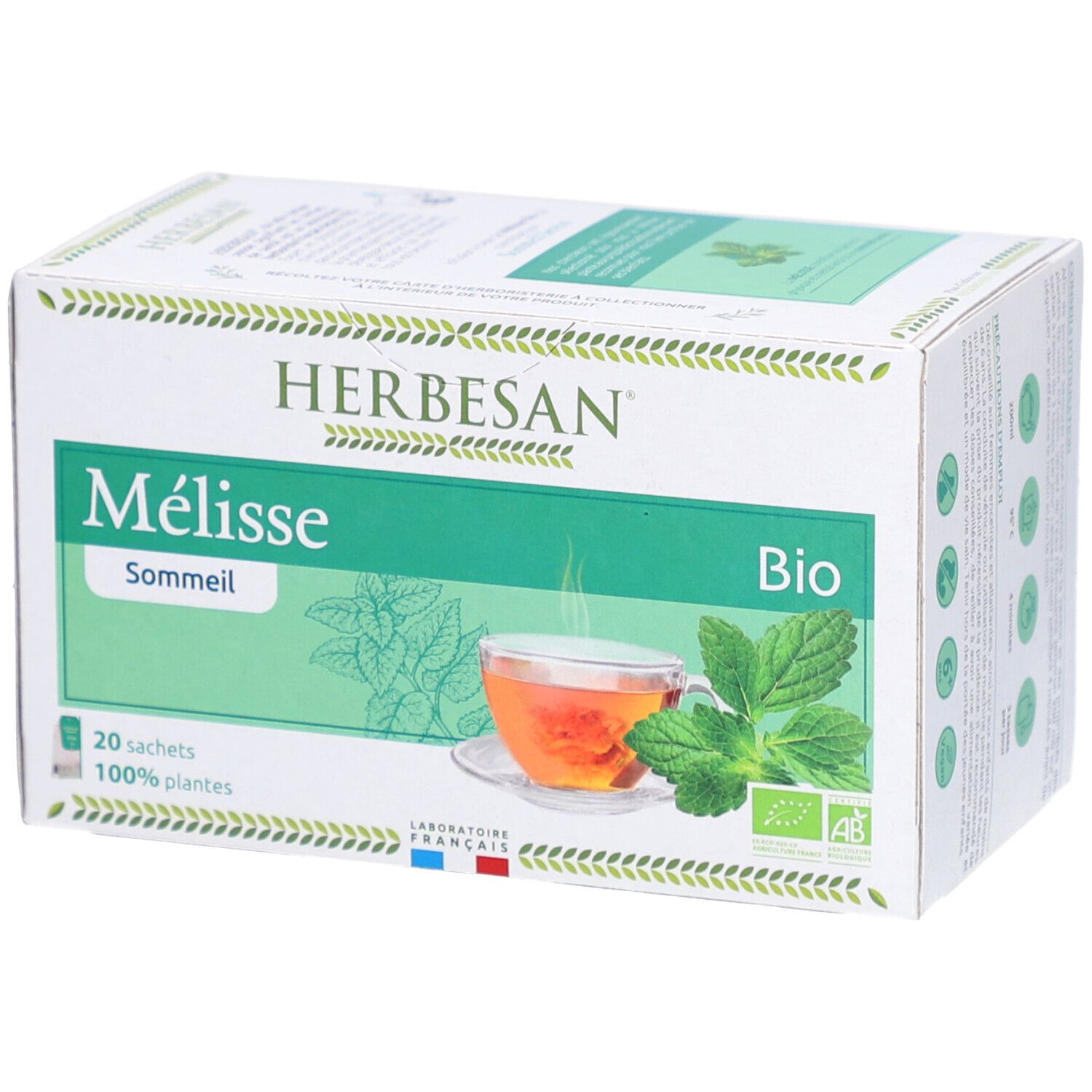 Boîte Herbesan Bio Mélisse Infusion Sommeil Serein. Emballage vert et blanc, nom du produit et label bio. 20 sachets.