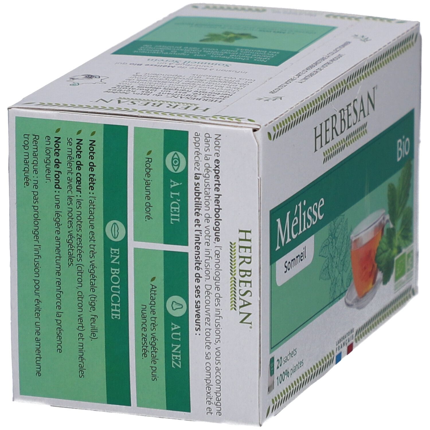 Vue oblique de l'emballage Herbesan Bio Mélisse Infusion Sommeil Serein. Texte sur l'infusion et 20 sachets. Label bio.