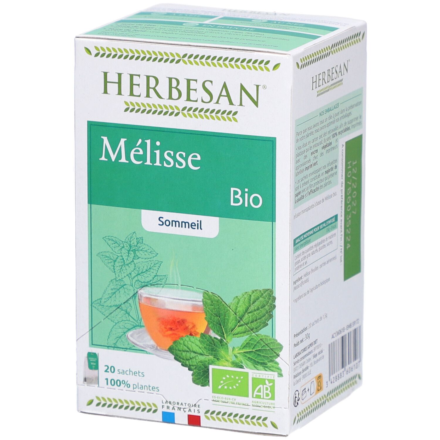 Emballage Herbesan Bio Mélisse Infusion Sommeil Serein. Boîte verte et blanche avec nom du produit, label bio et 20 sachets.