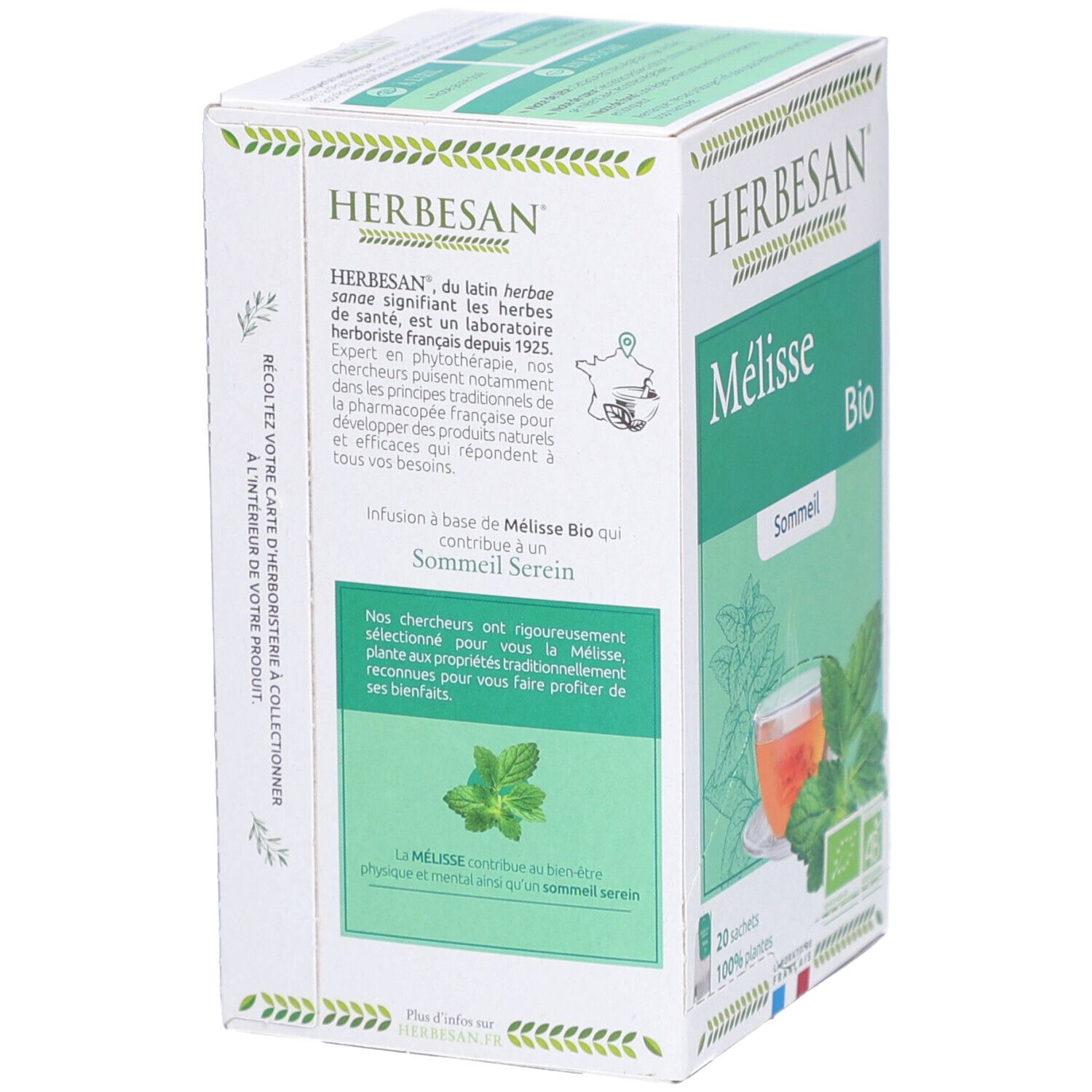 Dos de l'emballage Herbesan Bio Mélisse Infusion Sommeil Serein. Texte sur le produit, label bio et 20 sachets.