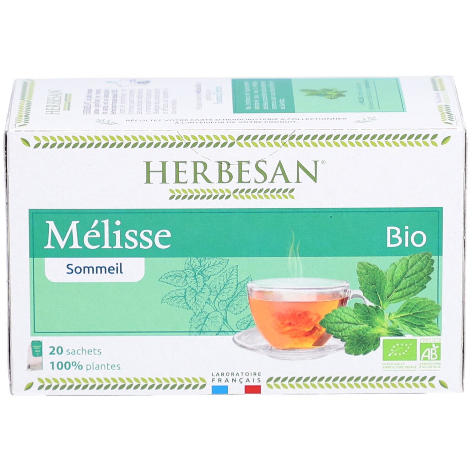 Emballage Herbesan Bio Mélisse Infusion Sommeil Serein. Boîte verte et blanche avec nom du produit, label bio et 20 sachets.