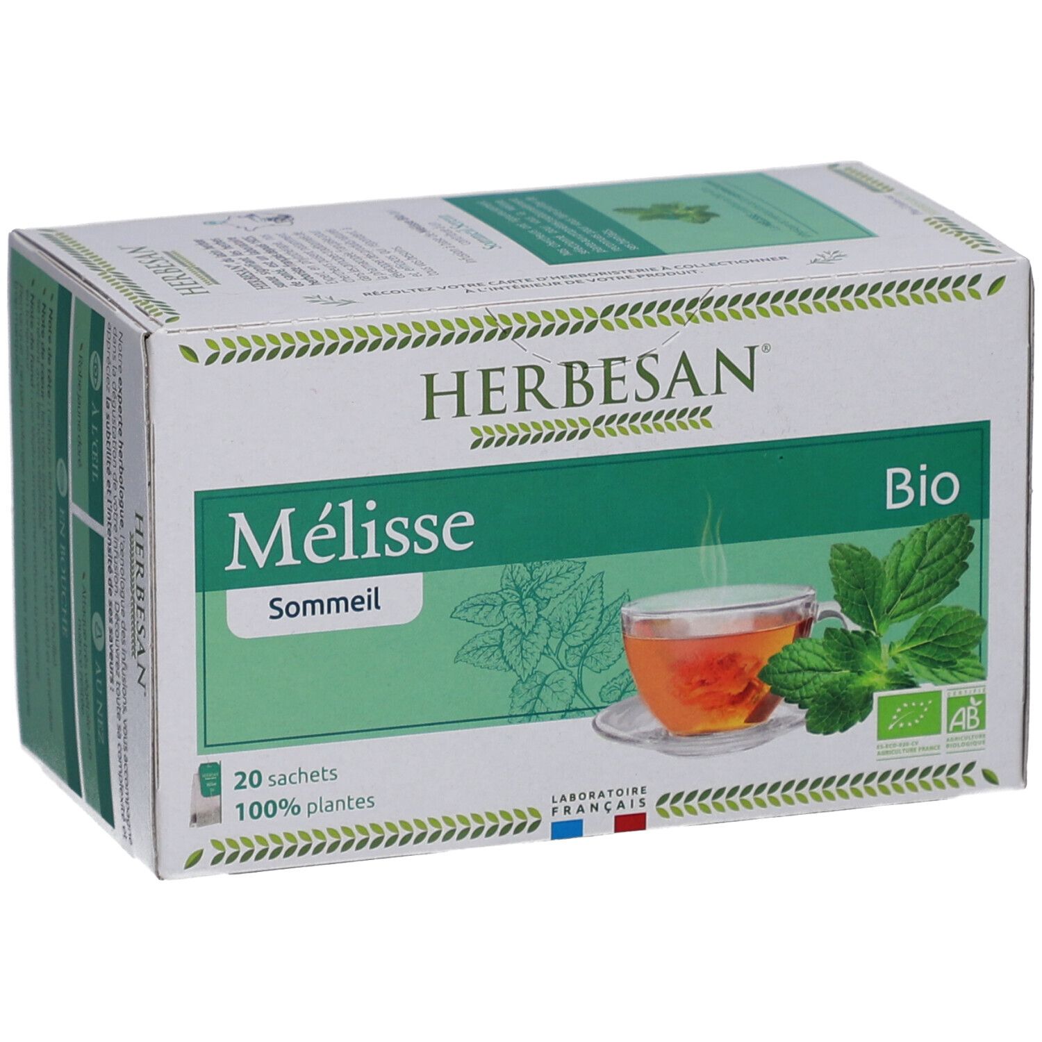 Emballage Herbesan Bio Mélisse Infusion Sommeil Serein. Boîte verte et blanche avec nom du produit, label bio et 20 sachets.