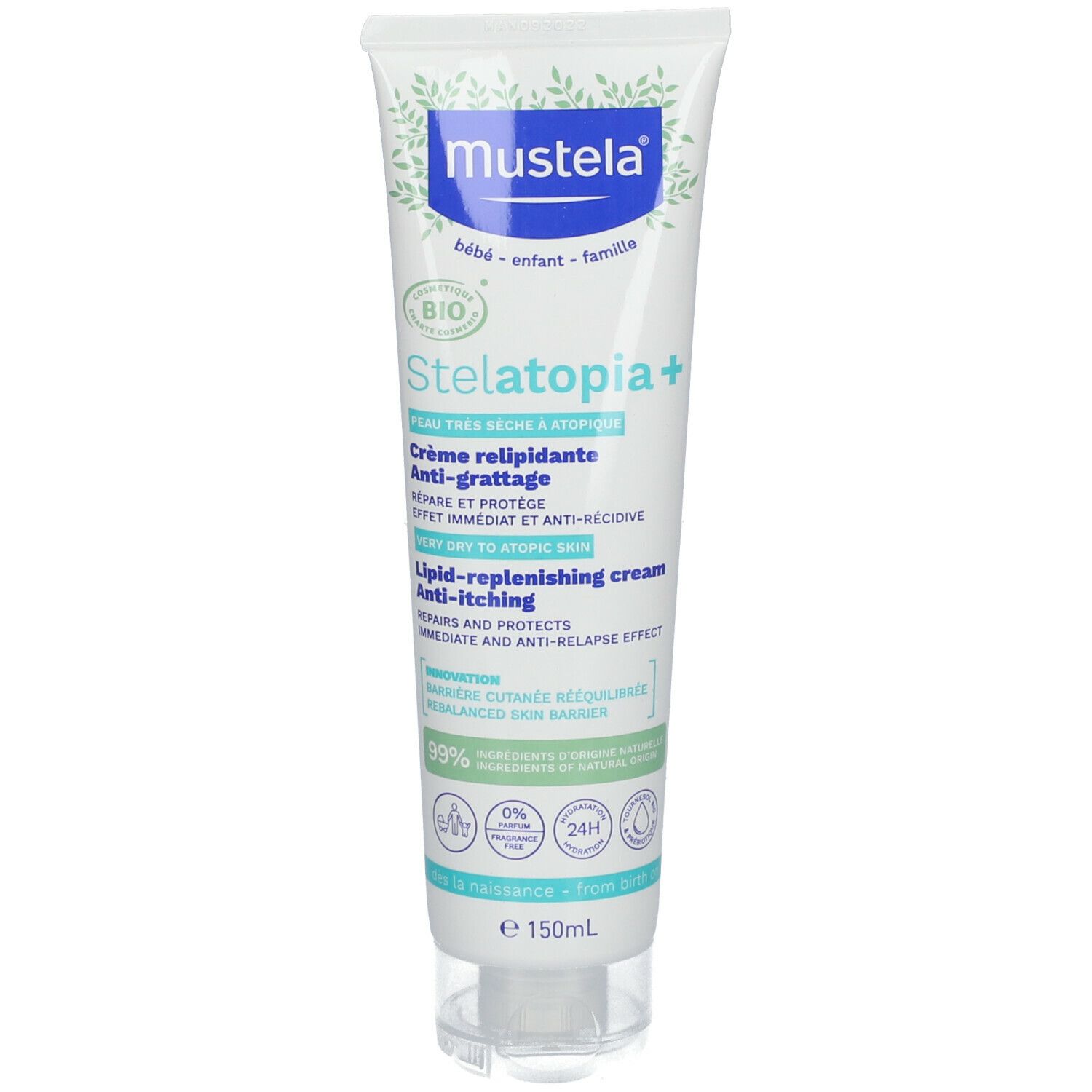 Tube de crème Mustela Stelatopia+. Certifié BIO. Pour peau atopique. 150ml.